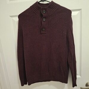 American Eagle Mens S Seriously Soft 3 Button‎ Henley Mock Neck Sweater Burgundy